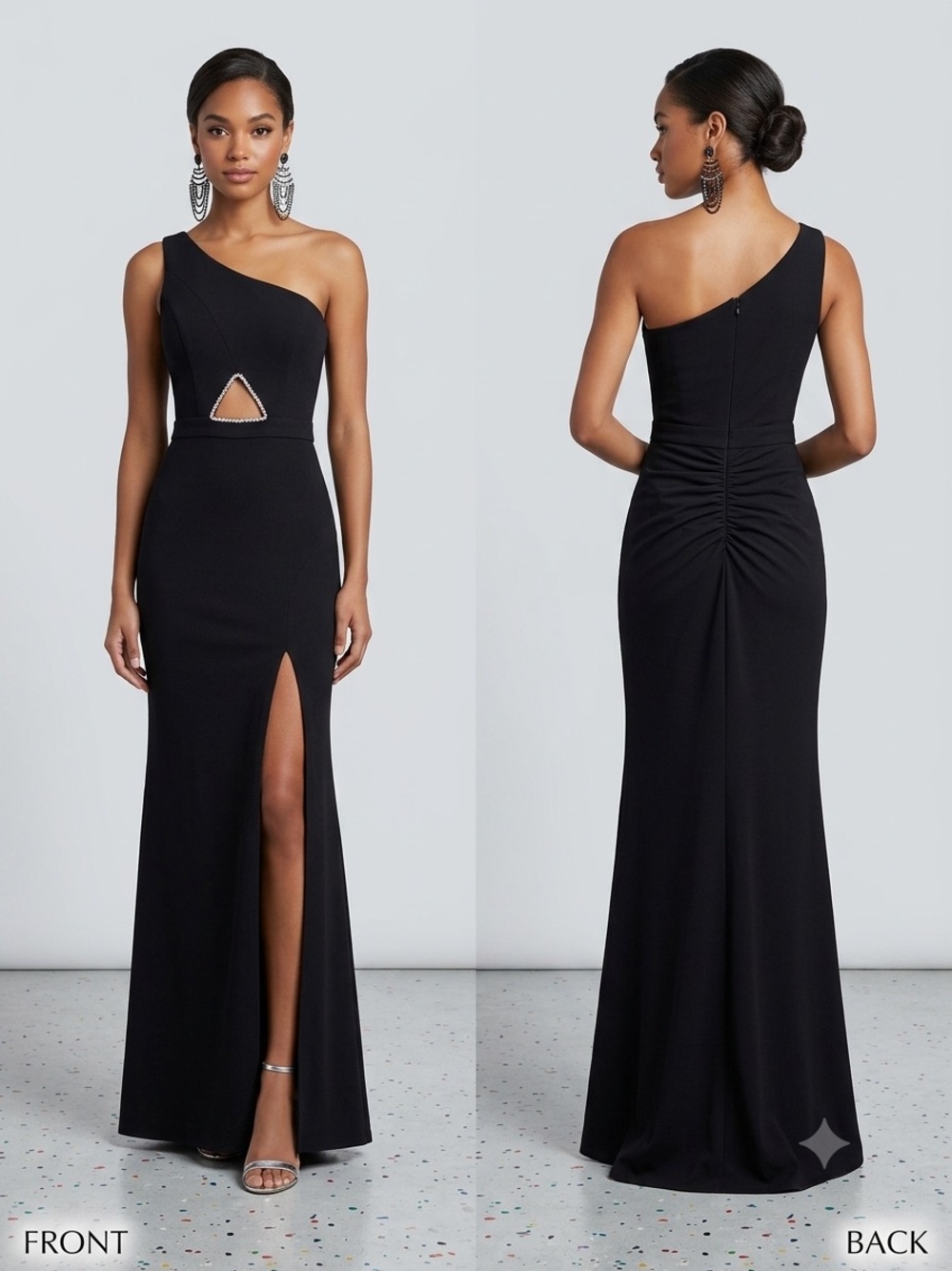 Xscape One-Shoulder Black Evening Gown with Side Slit and Cutout